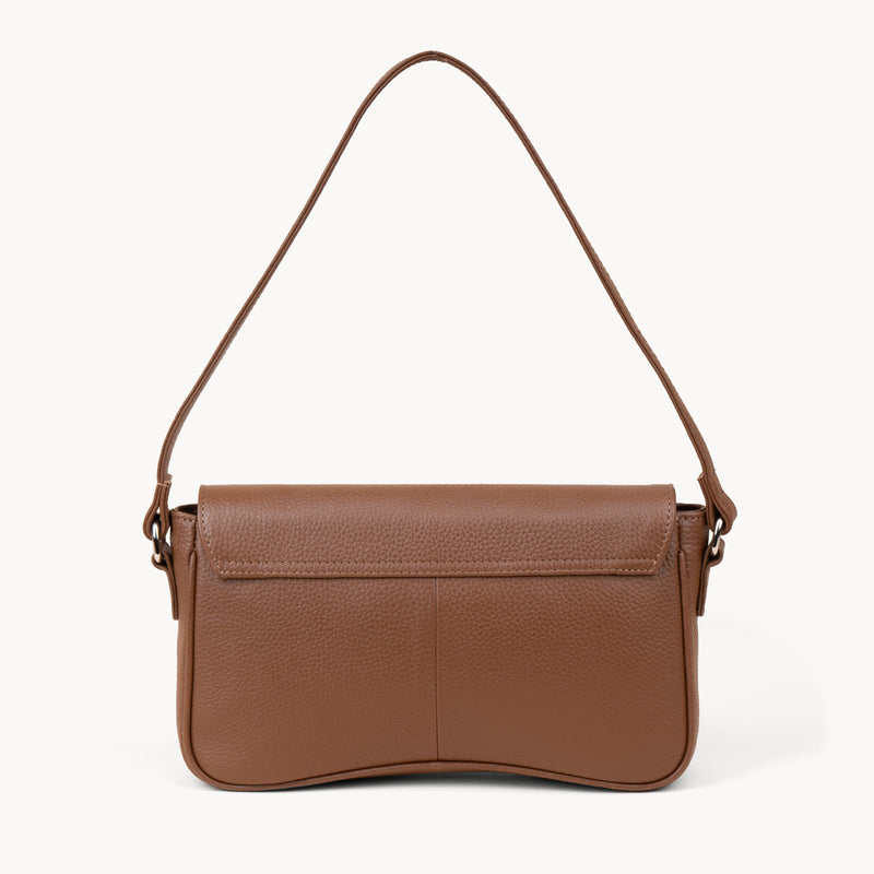 'BEVERLY' Tan Pebble Grain Real Leather Flapover Shoulder Bag