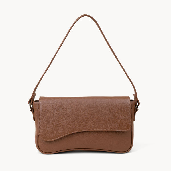 'BEVERLY' Tan Pebble Grain Real Leather Flapover Shoulder Bag