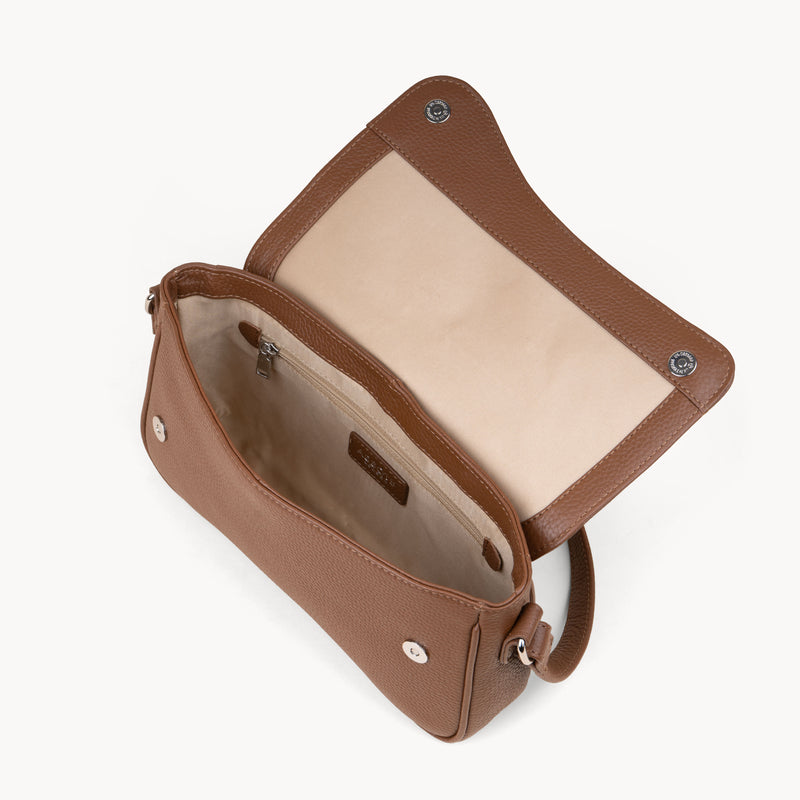 'BEVERLY' Tan Pebble Grain Real Leather Flapover Shoulder Bag