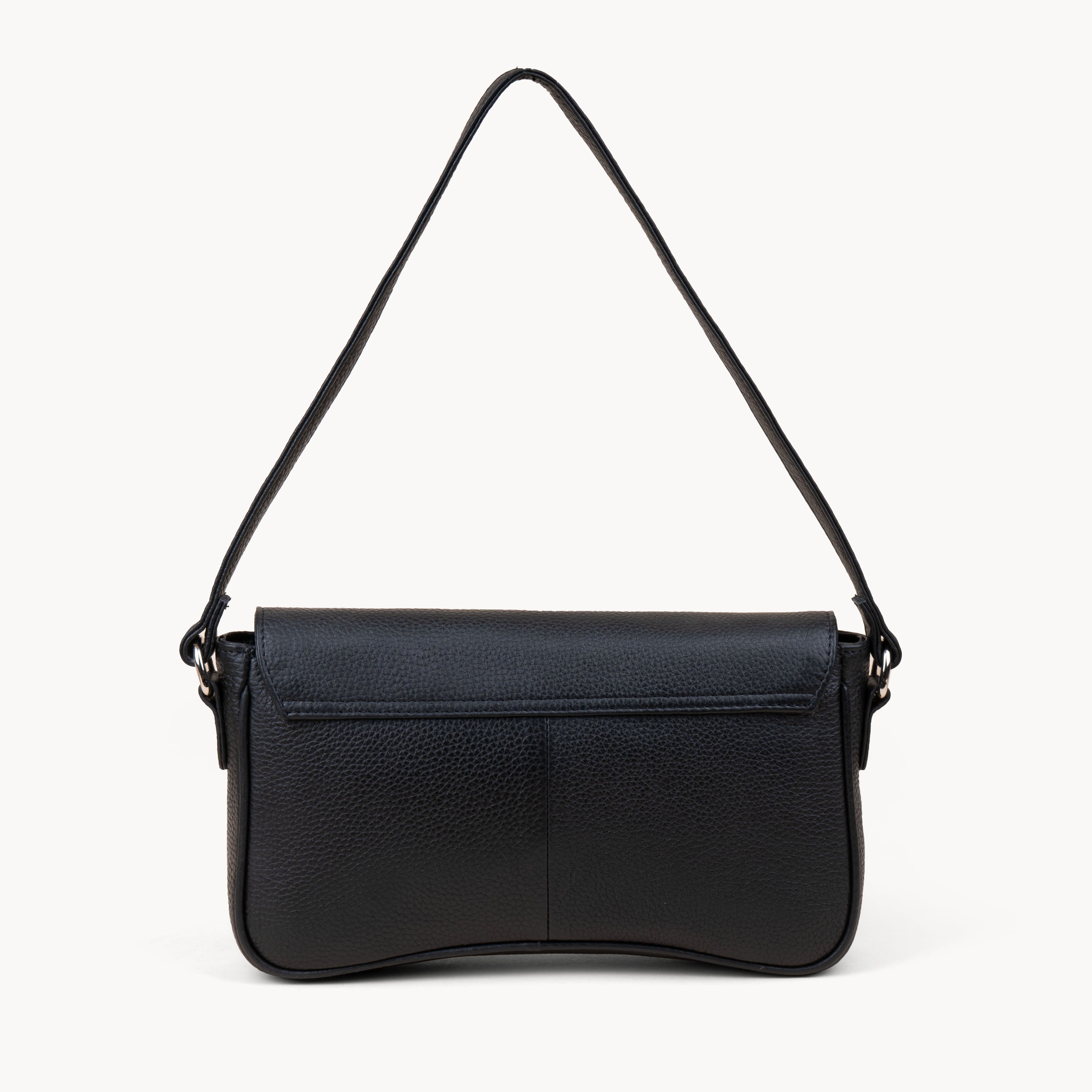 'Beverly' Black Pebble Grain Real Leather Shoulder Bag