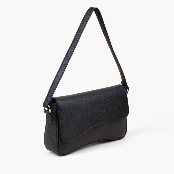'BEVERLY' Black Pebble Grain Real Leather Flapover Shoulder Bag
