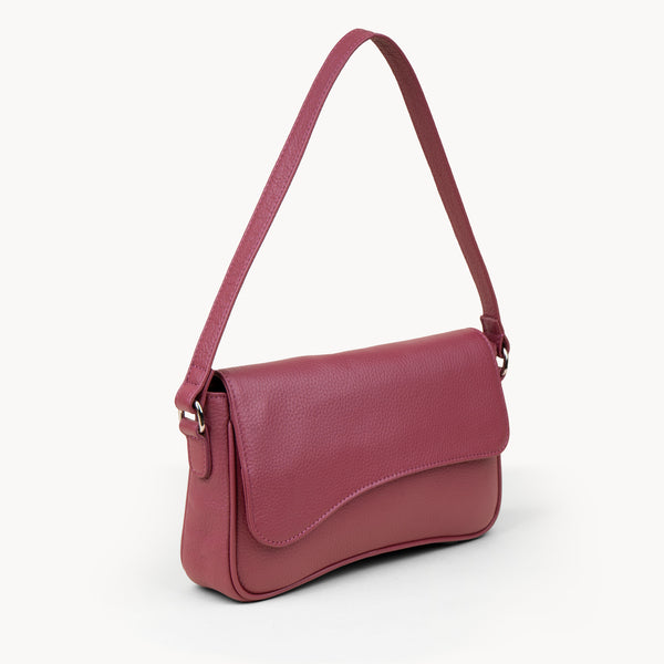 'BEVERLY' Carmine Pink Pebble Grain Real Leather Flapover Shoulder Bag