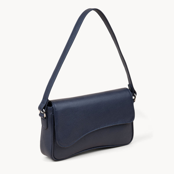 'BEVERLY' Navy Pebble Grain Real Leather Flapover Shoulder Bag