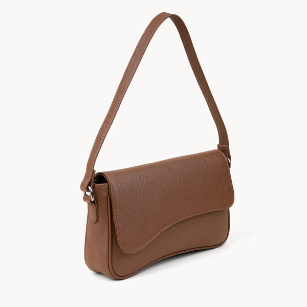 'BEVERLY' Tan Pebble Grain Real Leather Flapover Shoulder Bag