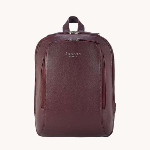 'BAKER' Burgundy Full Grain Leather Double Zip Laptop Backpack