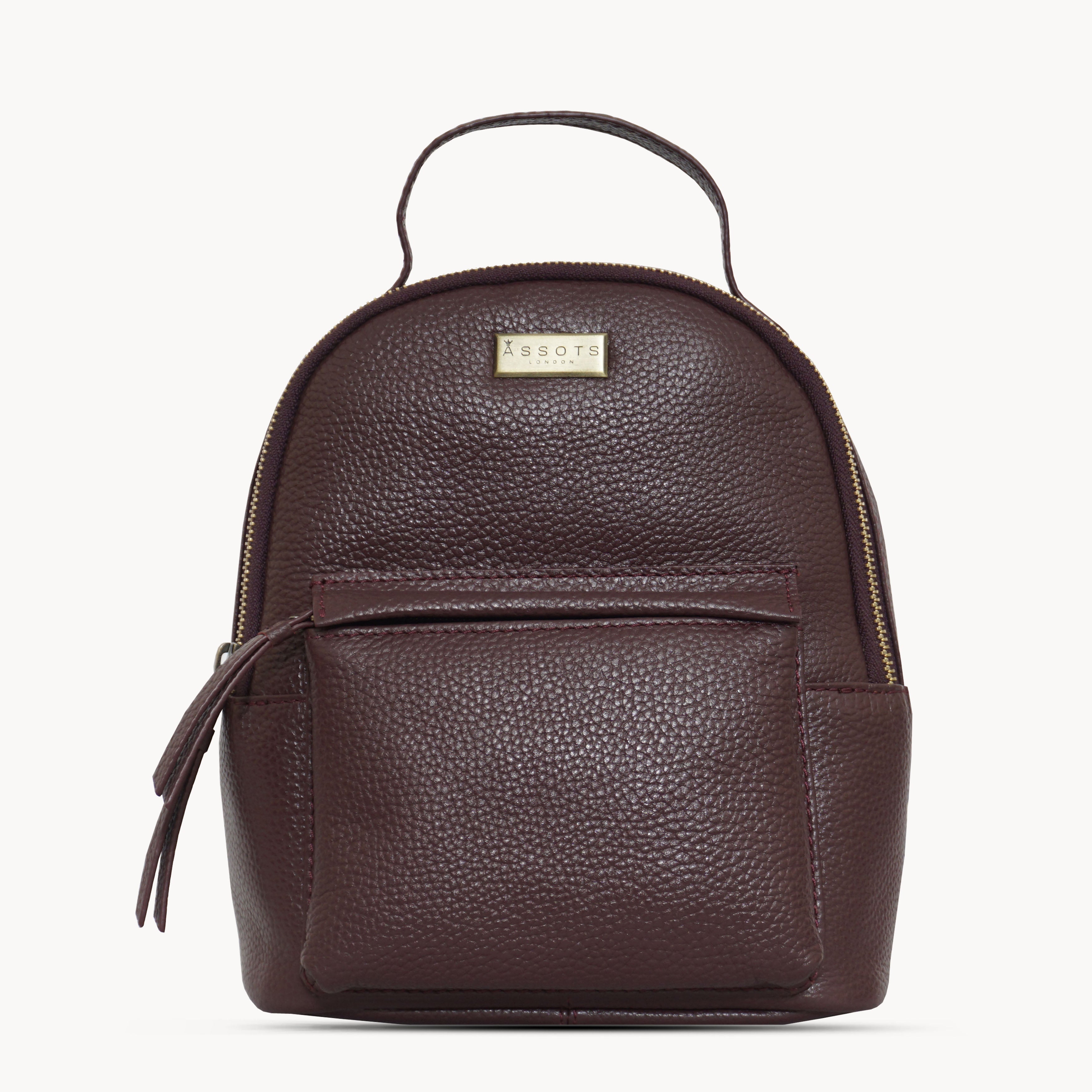 'Betty' Burgundy Zip Top Mini Pebble Grain Leather Backpack