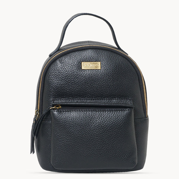 'Betty' Black Zip Top Mini Pebble Grain Leather Backpack