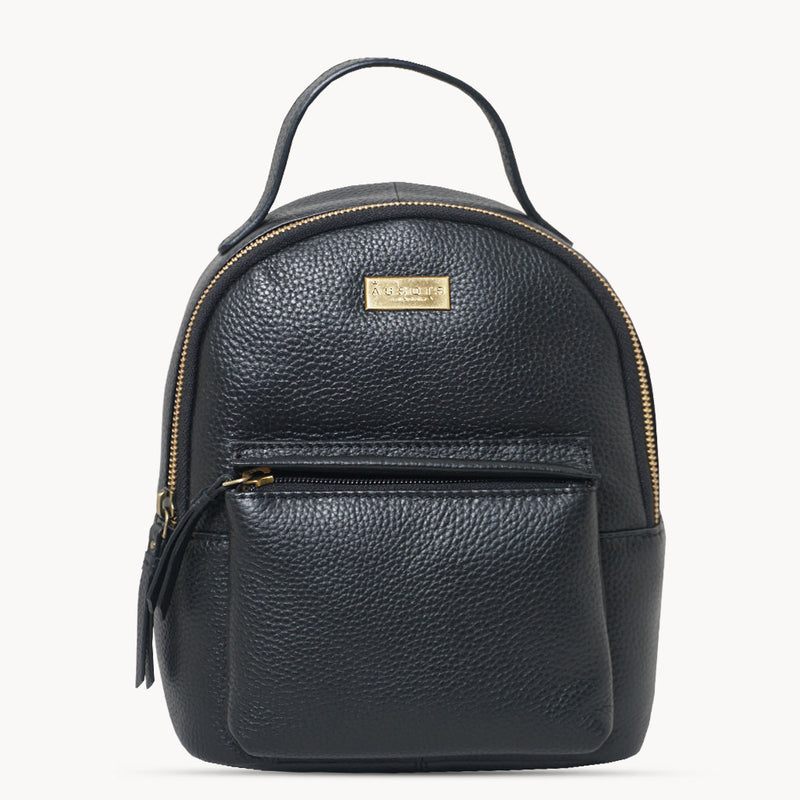 'Betty' Black Zip Top Mini Pebble Grain Leather Backpack