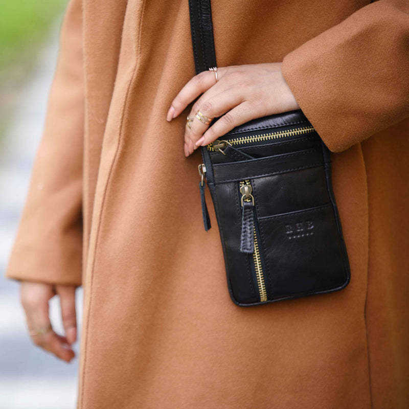 'BROOKE' Black Polished VT Real Leather Mobile Phone Crossbody Bag
