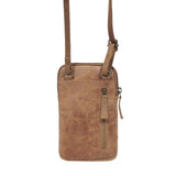 'BROOKE' Tan Distressed Real Leather Mobile Phone Crossbody Bag