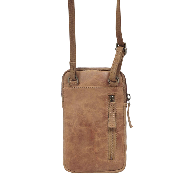 'BROOKE' Tan Distressed Real Leather Mobile Phone Crossbody Bag