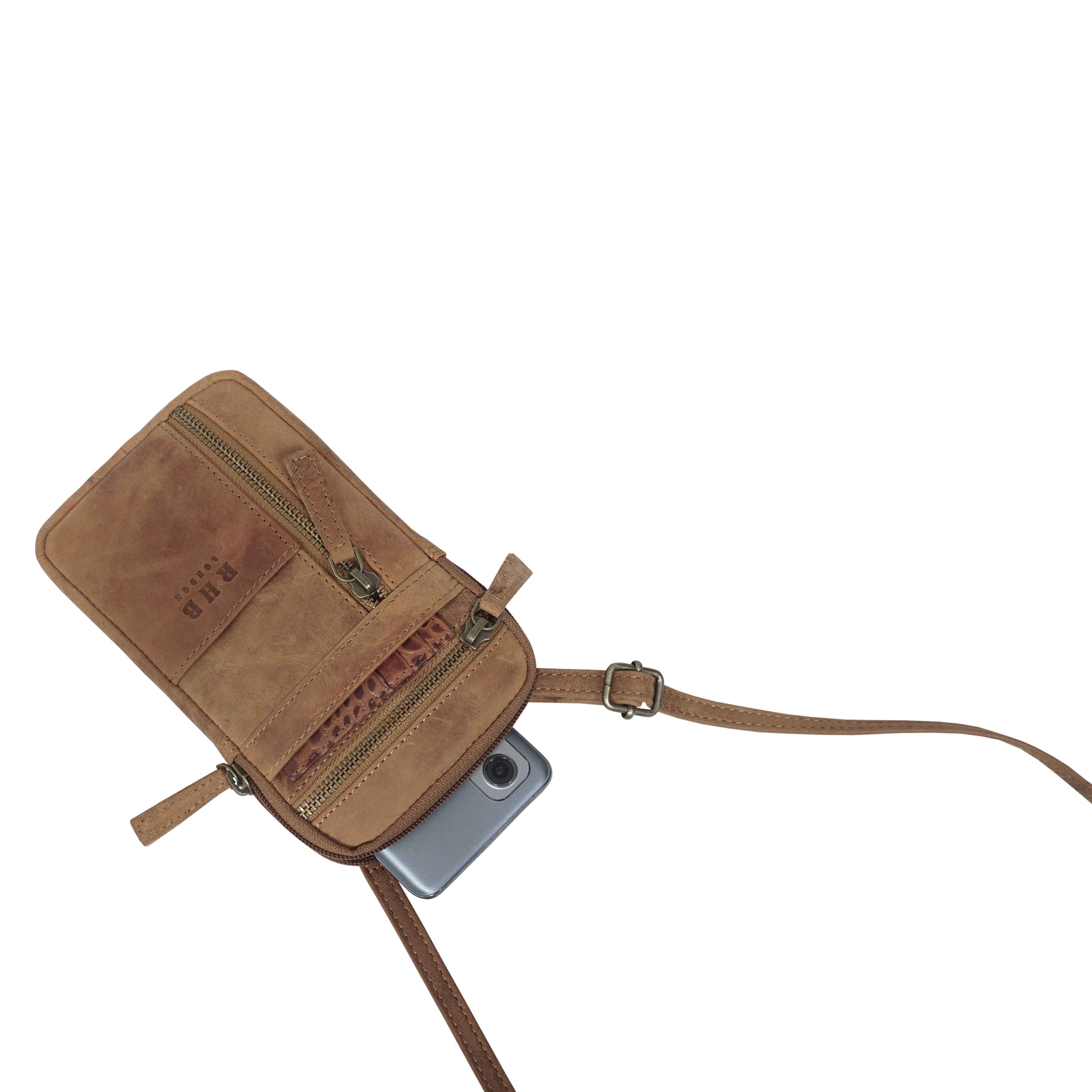 'BROOKE' Tan Distressed Real Leather Mobile Phone Crossbody Bag