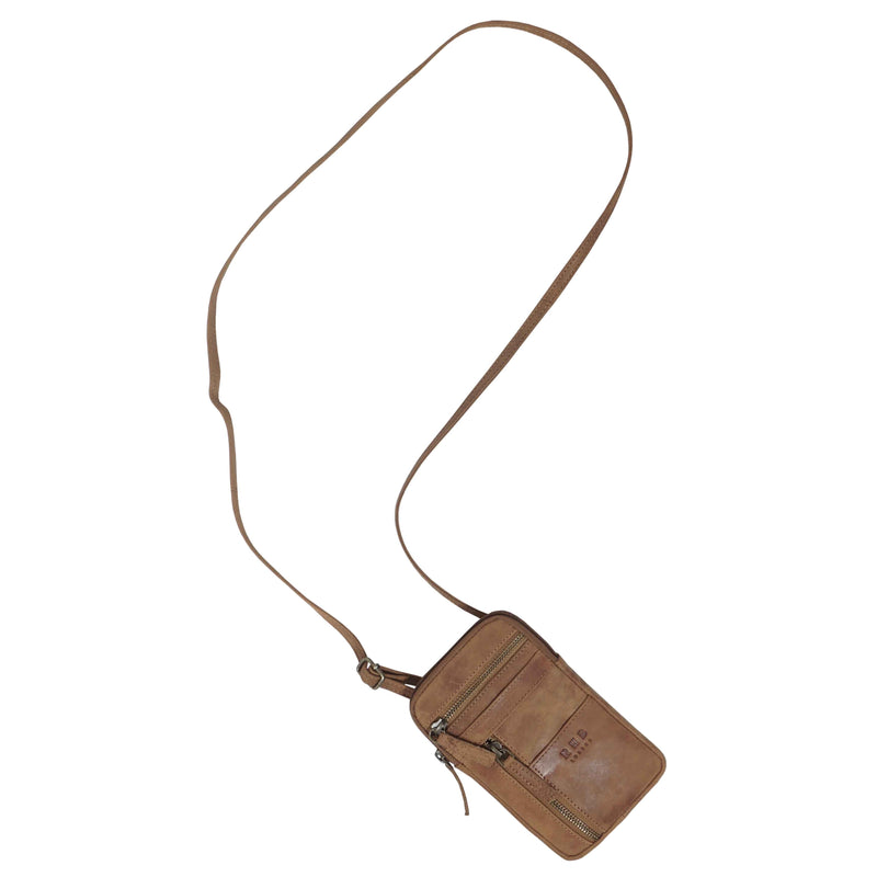 'BROOKE' Tan Distressed Real Leather Mobile Phone Crossbody Bag