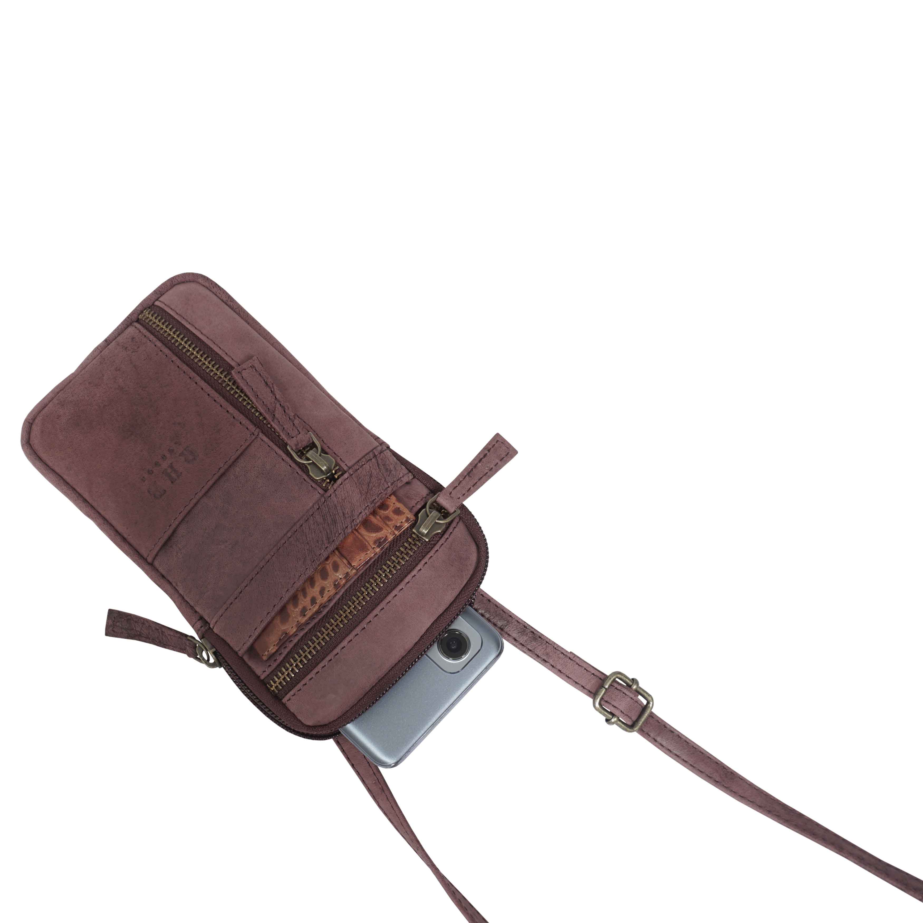 'BROOKE' Plum Distressed Real Leather Mobile Phone Crossbody Bag