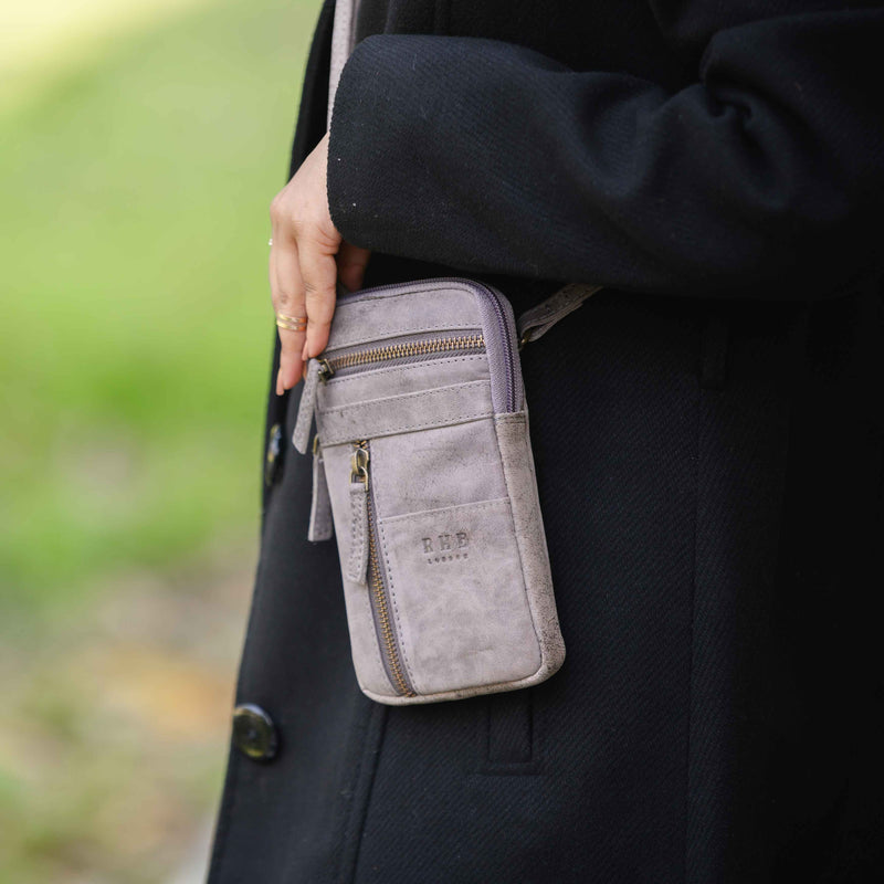 'BROOKE' Grey Distressed Real Leather Mobile Phone Crossbody Bag