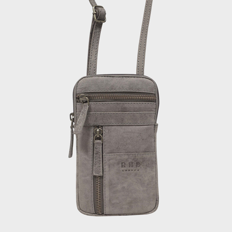 'BROOKE' Grey Distressed Real Leather Mobile Phone Crossbody Bag