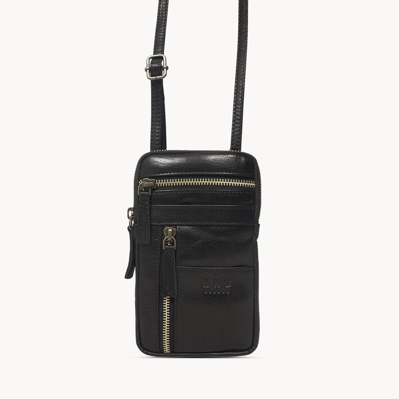 'BROOKE' Black Polished VT Real Leather Mobile Phone Crossbody Bag