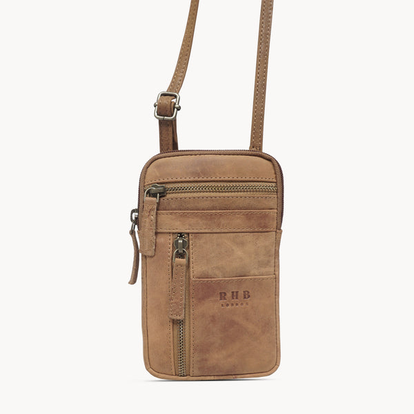 'BROOKE' Tan Distressed Real Leather Mobile Phone Crossbody Bag