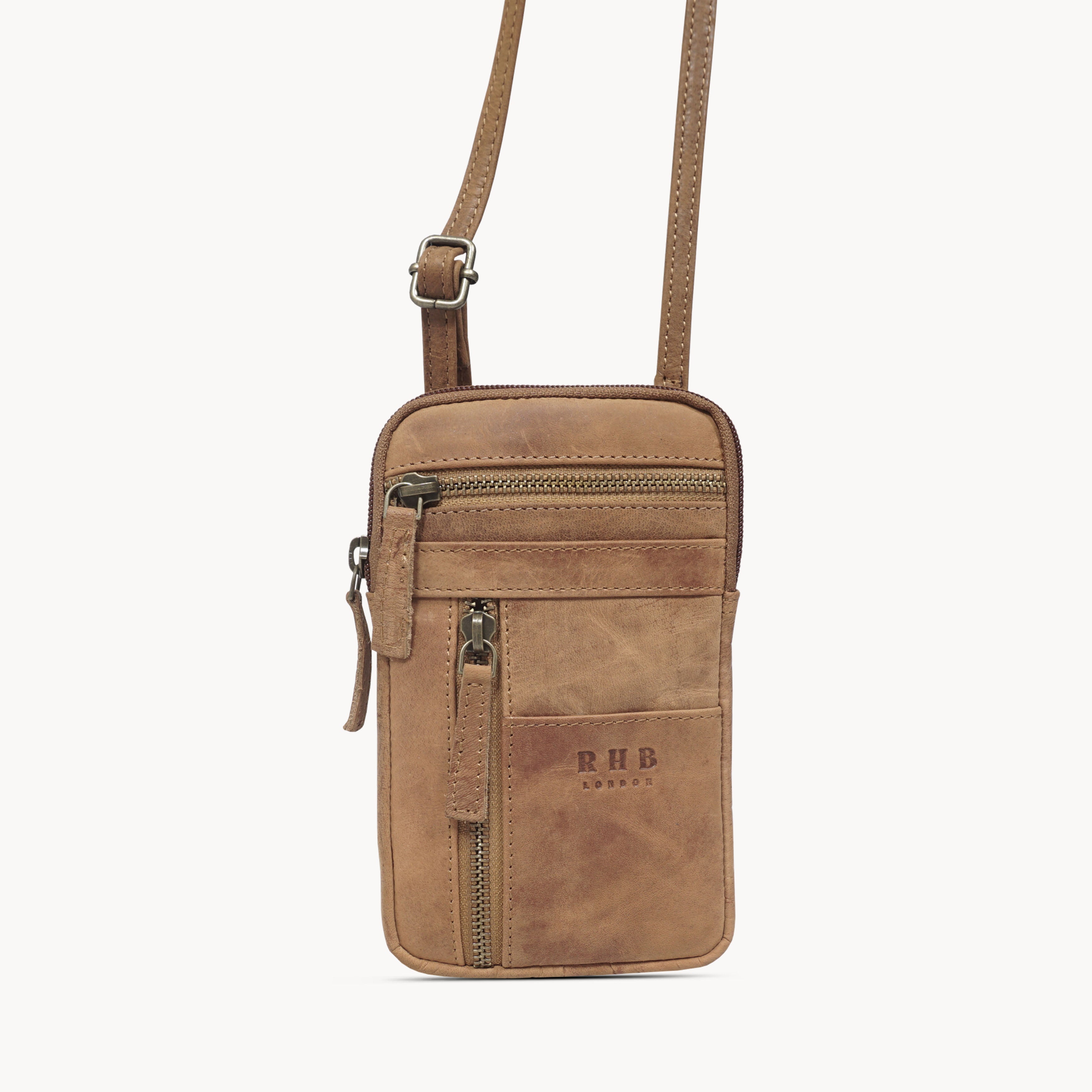 'BROOKE' Tan Distressed Real Leather Mobile Phone Crossbody Bag