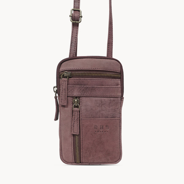 'BROOKE' Plum Distressed Real Leather Mobile Phone Crossbody Bag