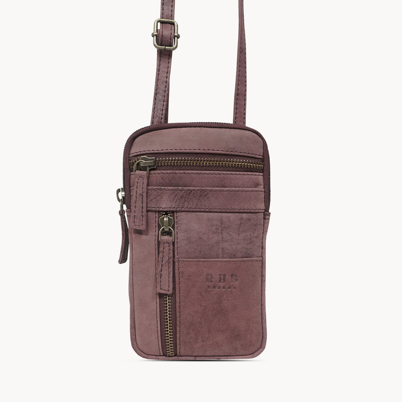 'BROOKE' Plum Distressed Real Leather Mobile Phone Crossbody Bag