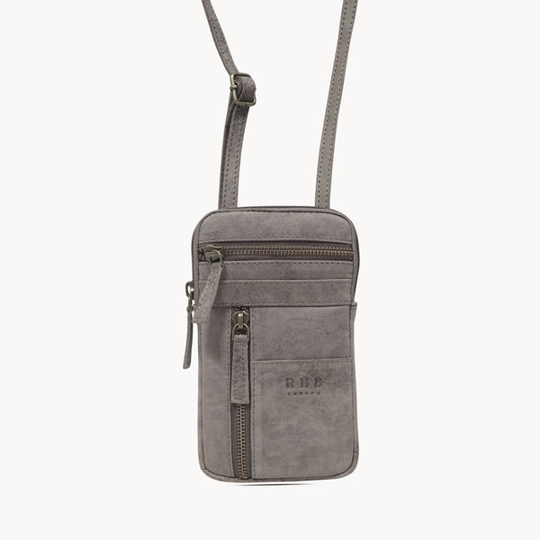 'BROOKE' Grey Distressed Real Leather Mobile Phone Crossbody Bag
