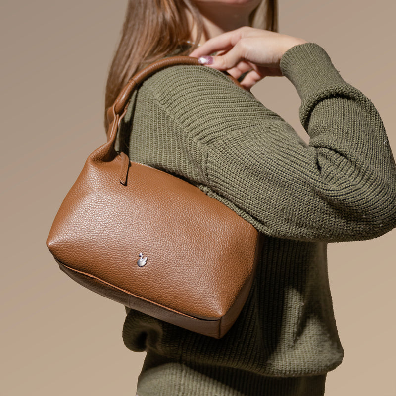 'CITY BAG' Tan Soft Pebble Grain Real Leather Shoulder Bag