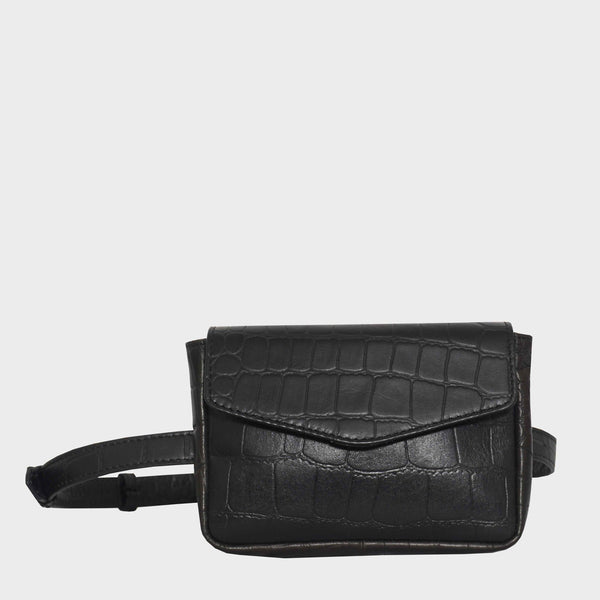 'CAMELLA' Black Croc Leather Bum Belt Waist Festival Bag