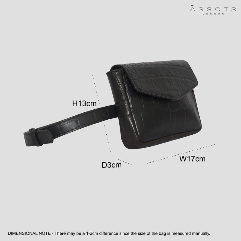'CAMELLA' Black Croc Leather Bum Belt Waist Festival Bag