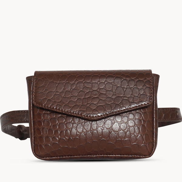 'CAMELLA' Brown Croc Leather Bum Belt Waist Festival Bag