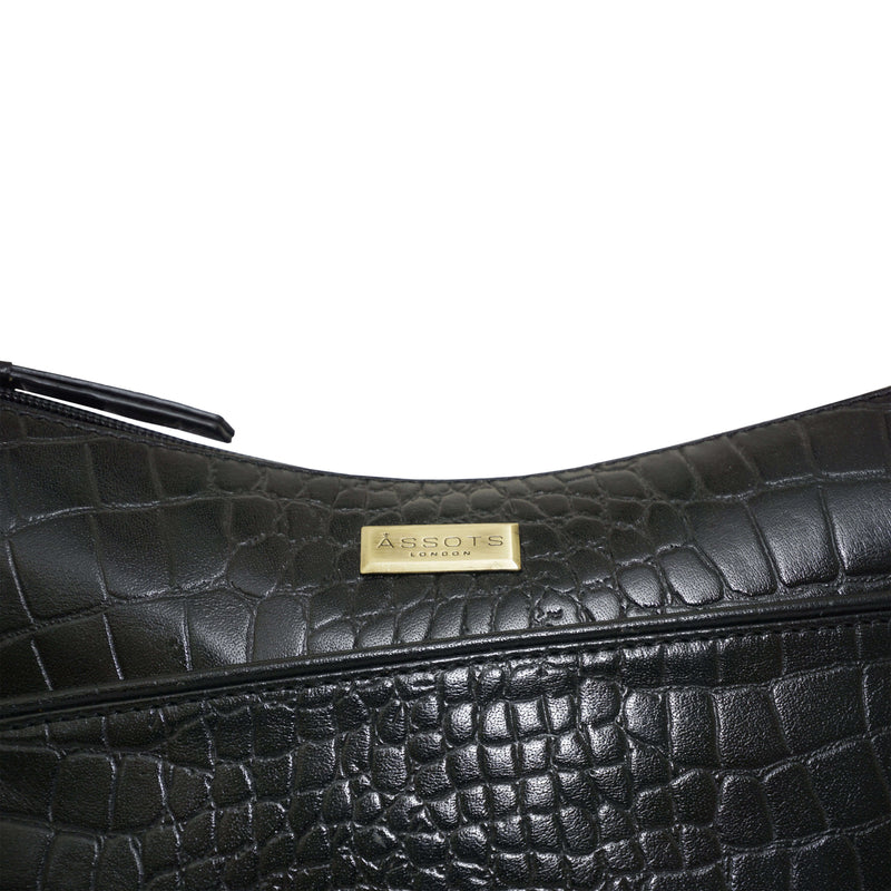 'CAROL' Black Croc Real Leather Designer Crossbody Shoulder Bag