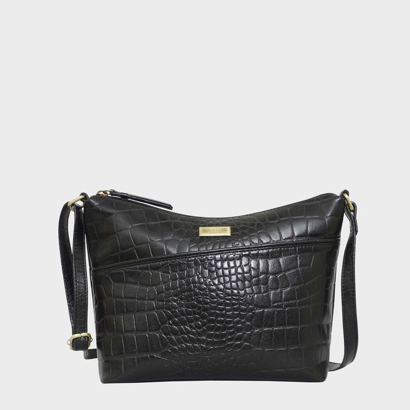 Assots London Womens Carol Croc Leather Crossbody Bag - Black