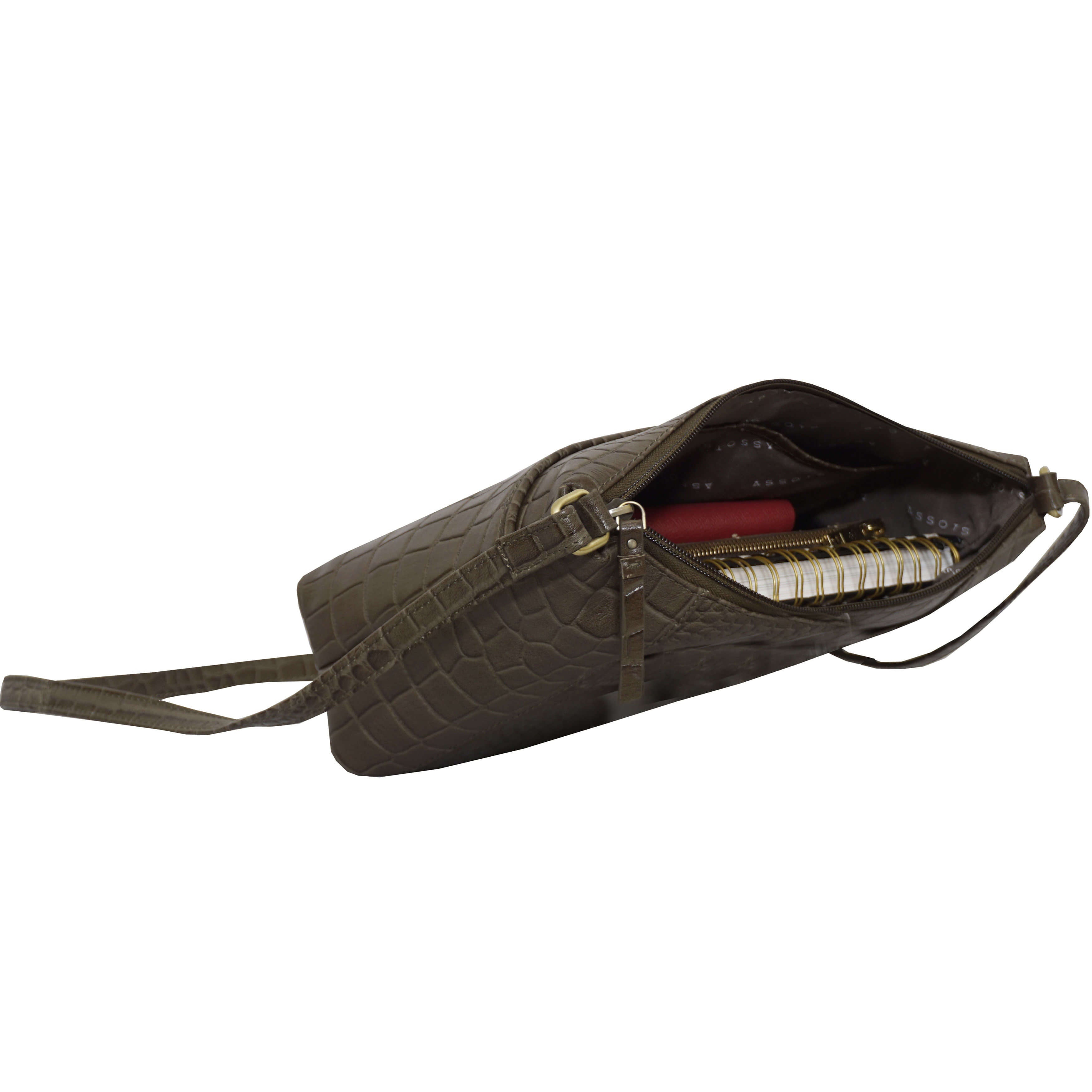 'CAROL' Olive Green Croc Real Leather Designer Crossbody Shoulder Bag