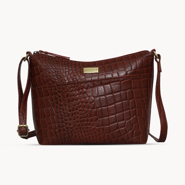 'CAROL' Brown Croc Real Leather Designer Crossbody Shoulder Bag