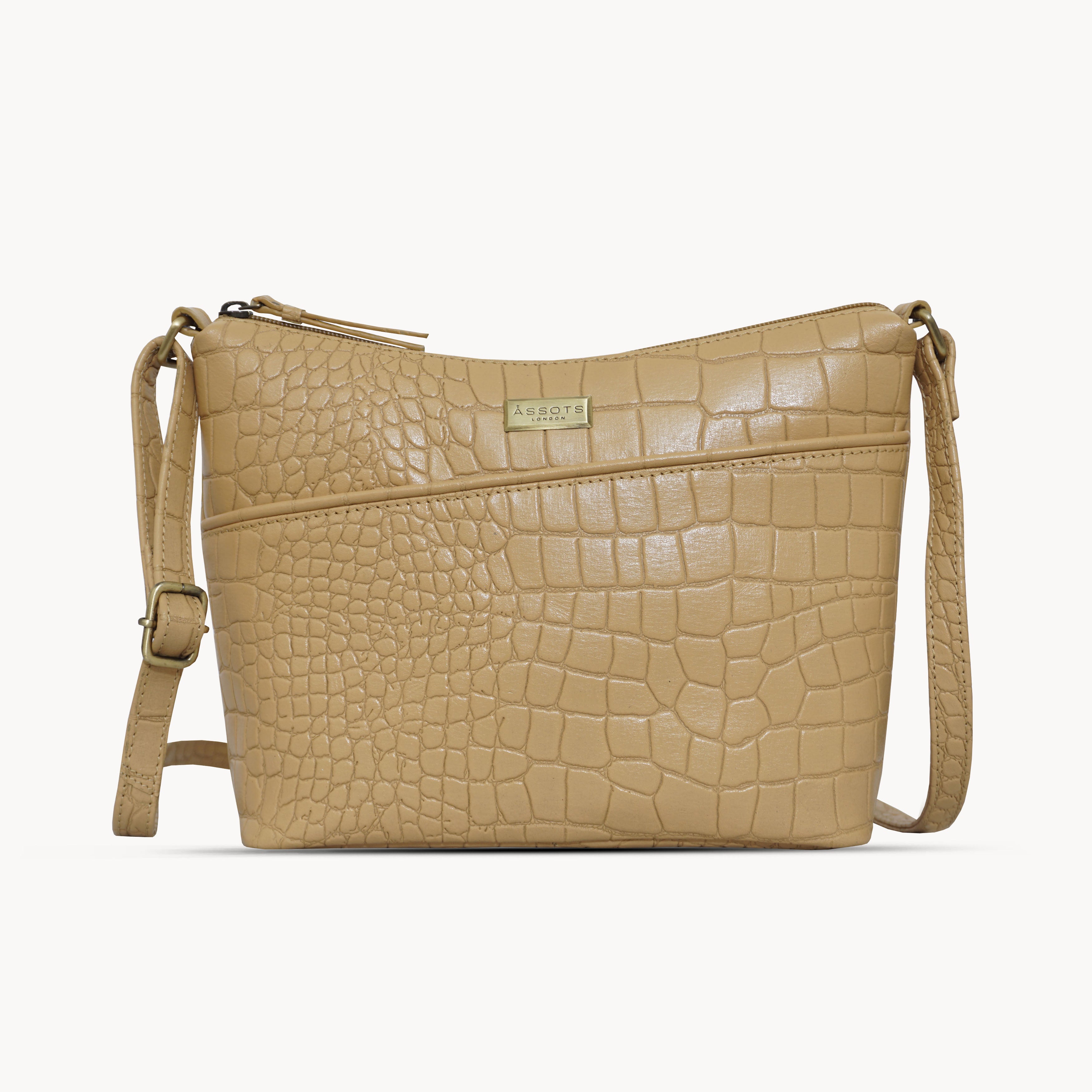 'CAROL' Camel Croc Real Leather Designer Crossbody Shoulder Bag