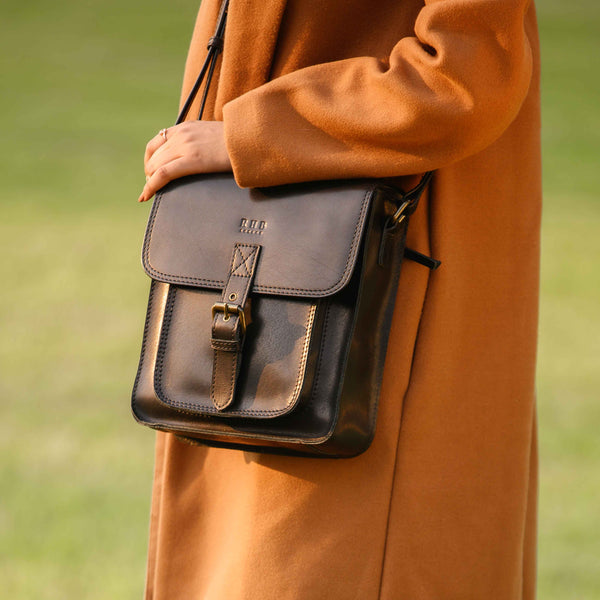 'CAROLYN' Black Polished VT Real Leather iPad Tablet Crossbody Bag