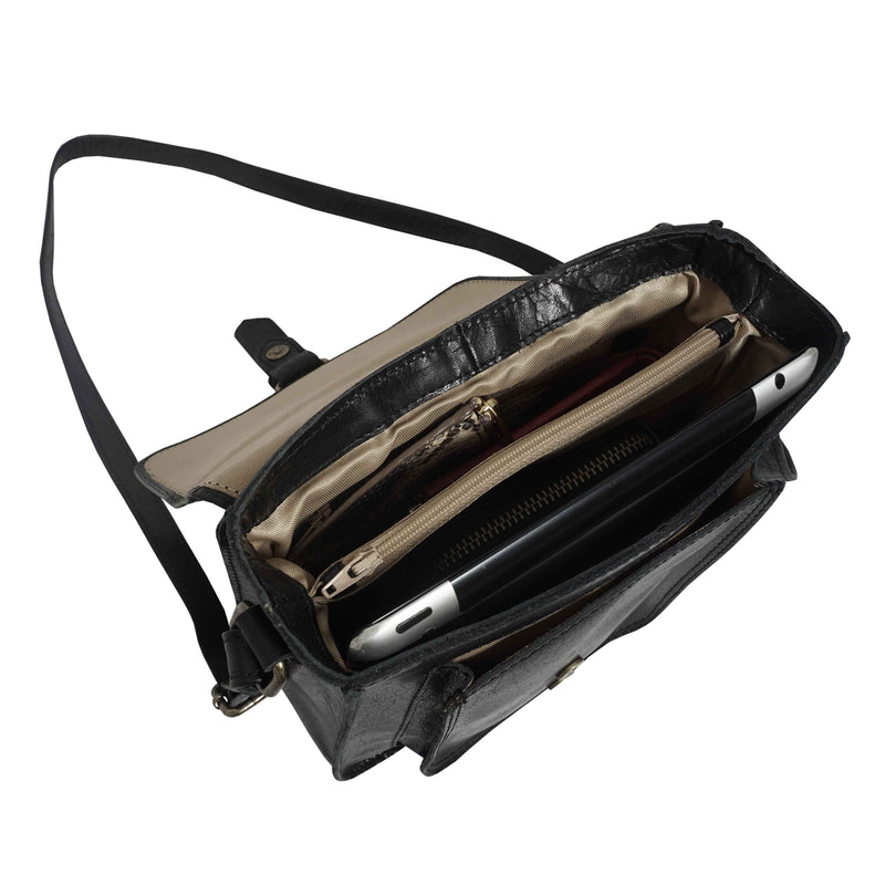 'CAROLYN' Black Polished VT Real Leather iPad Tablet Crossbody Bag