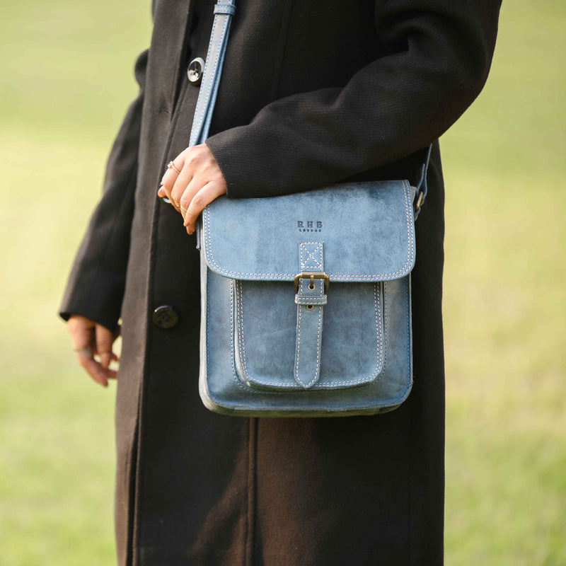 'CAROLYN' Denim Distressed Real Leather iPad Tablet Crossbody Bag