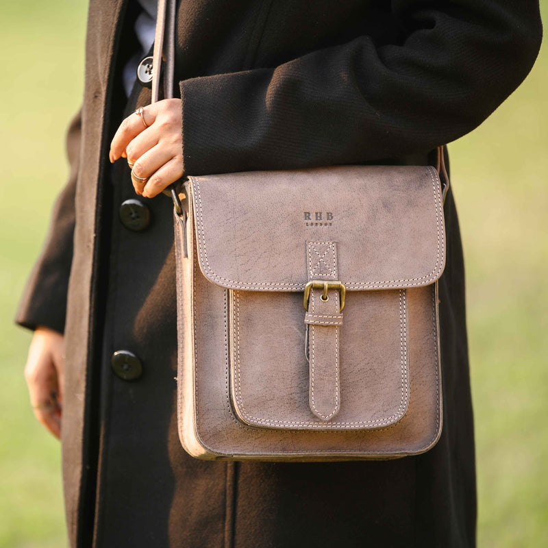 'CAROLYN' Grey Distressed  Real Leather iPad Tablet Crossbody Bag