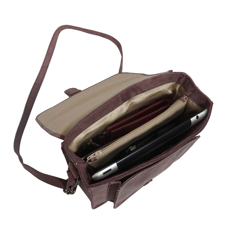 'CAROLYN' Plum Distressed  Real Leather iPad Tablet Crossbody Bag