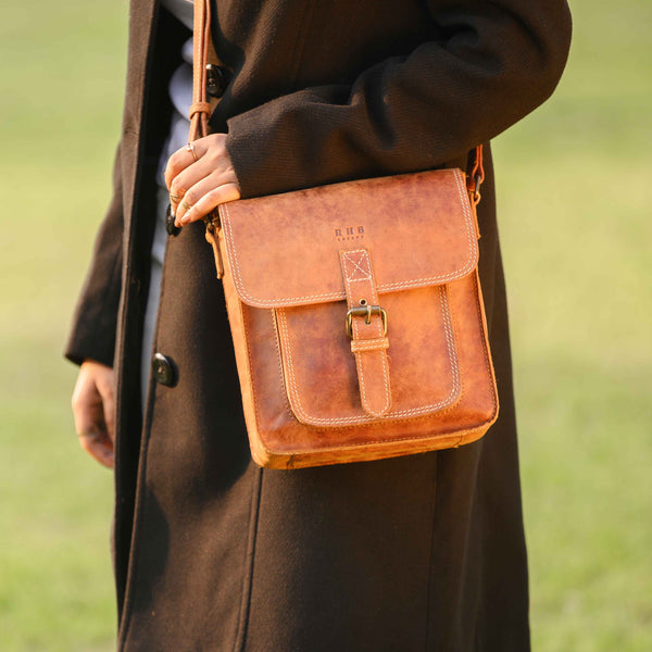 'CAROLYN' Tan Distressed  Real Leather iPad Tablet Crossbody Bag