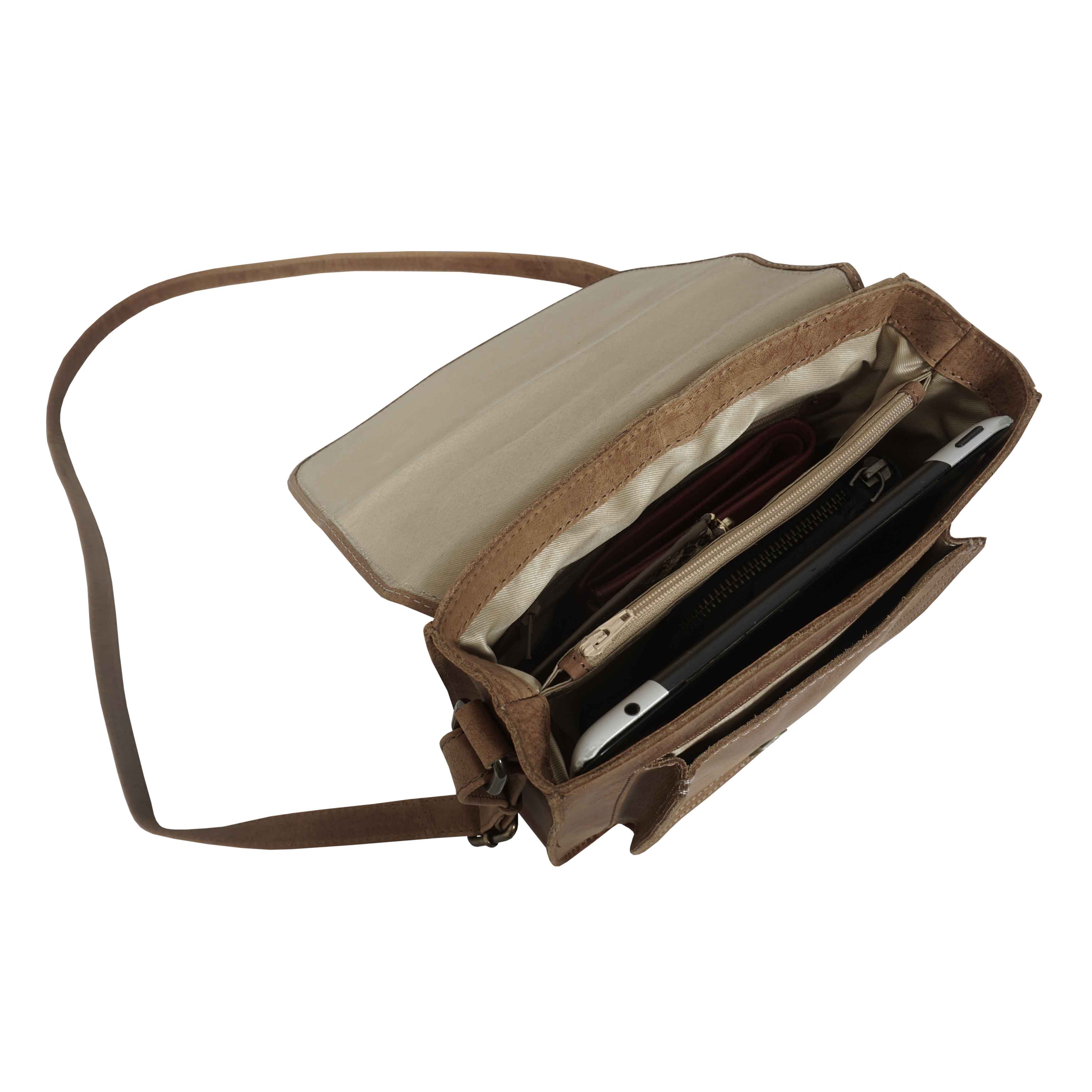 'CAROLYN' Tan Distressed  Real Leather iPad Tablet Crossbody Bag