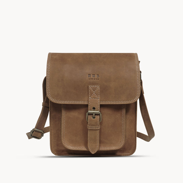 'CAROLYN' Tan Distressed  Real Leather iPad Tablet Crossbody Bag