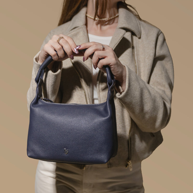 'CITY BAG' Navy Soft Pebble Grain Real Leather Shoulder Bag