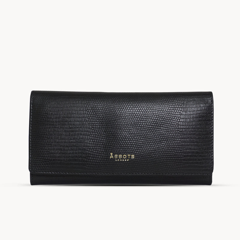 'CLAIRE' Black Lizard Designer Leather Flap Over Purse