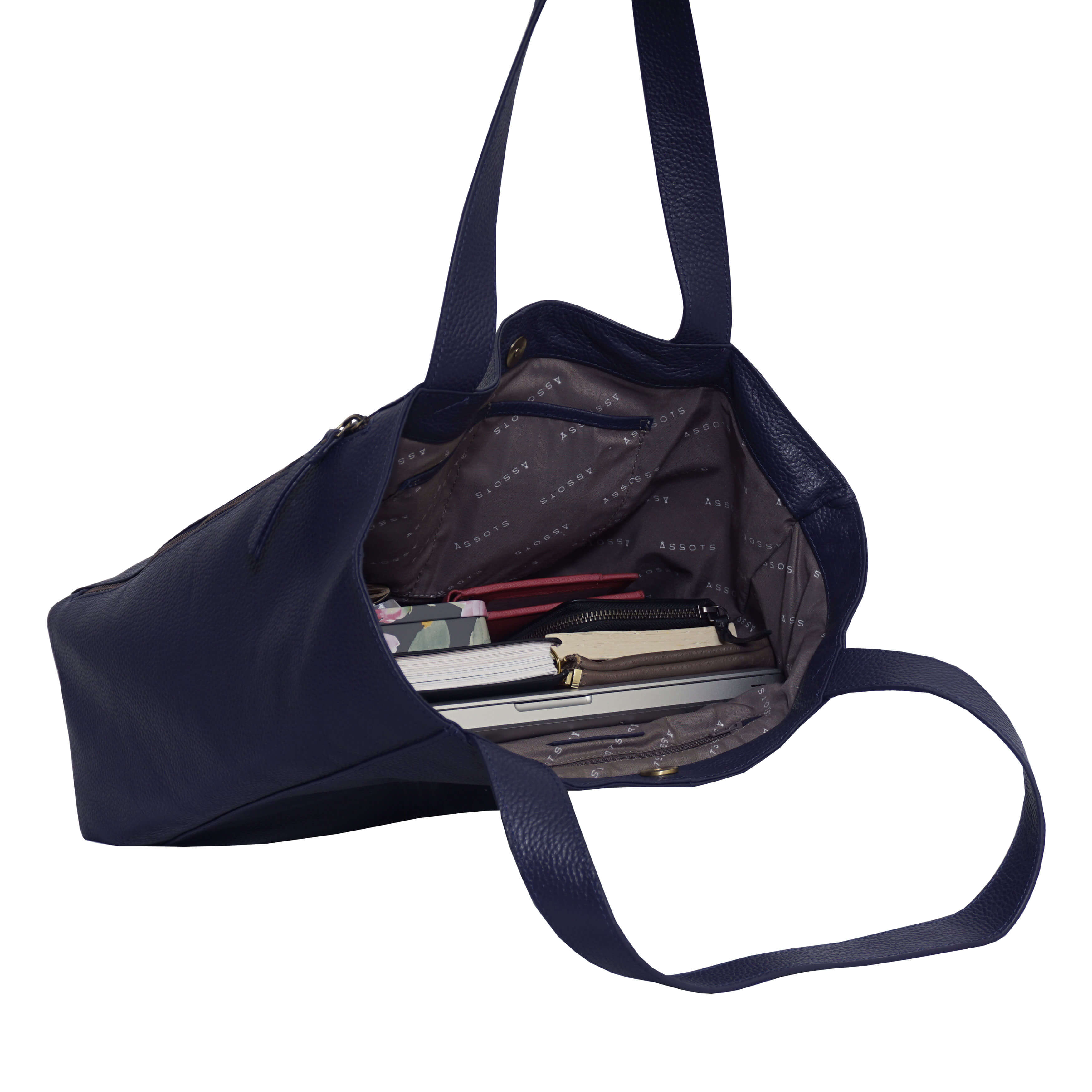 'CORDER' Navy Pebble Grain Real Leather Oversized Tote Bag