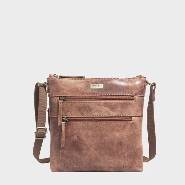 'CORI' Distressed Tan Real Leather Crossbody Bag