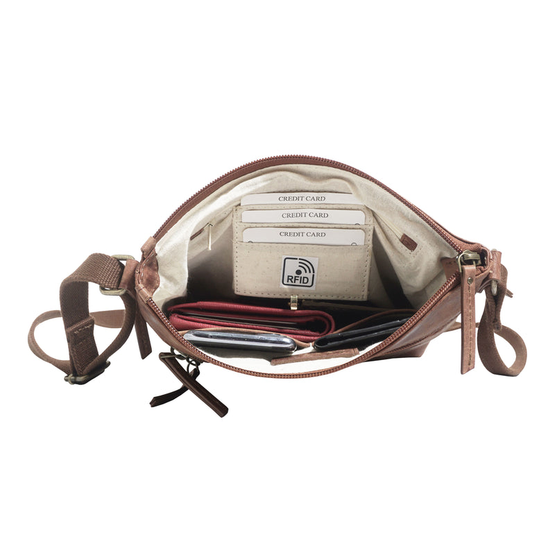 'CORI' Distressed Tan Real Leather Crossbody Bag