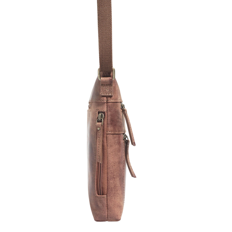 'CORI' Distressed Tan Real Leather Crossbody Bag