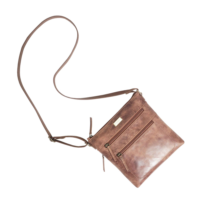 'CORI' Distressed Tan Real Leather Crossbody Bag